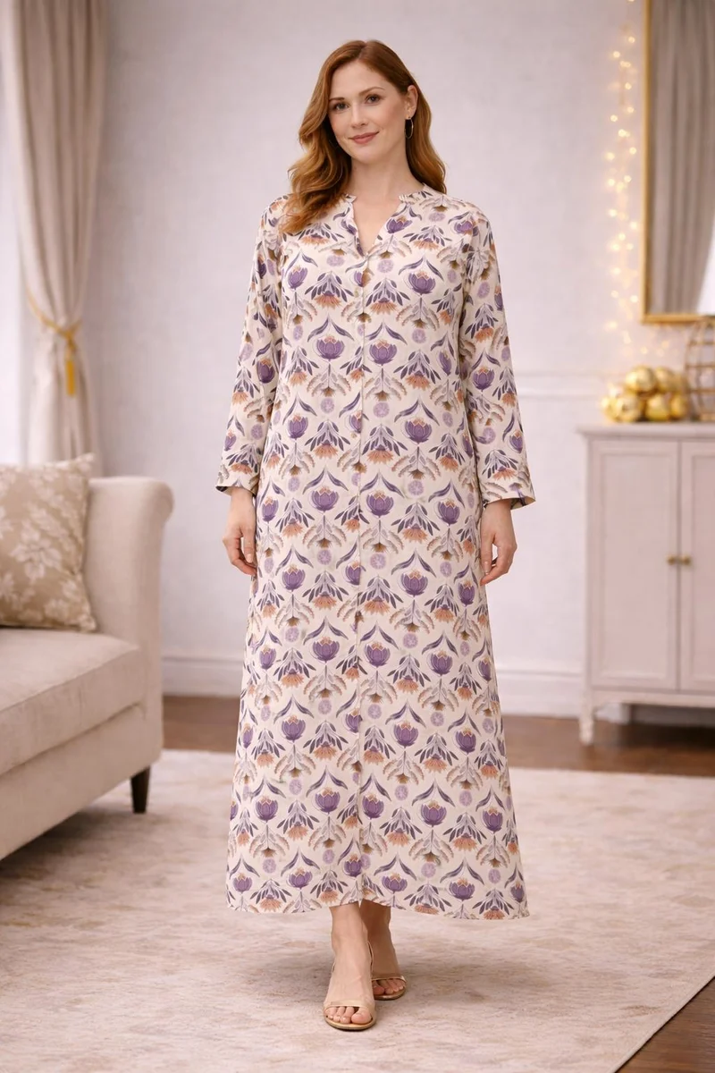 Artemea Women’s Mughal Print Jalabiya | Premium Rayon | Button-Front Design | Full-Length Modest Wear